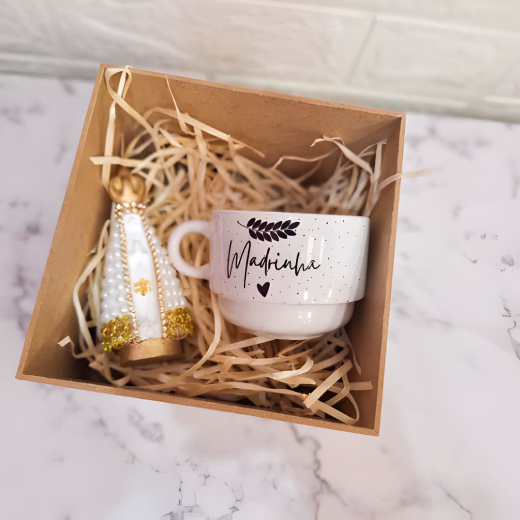 Caixa Convite Padrinhos De Batizado Com Xicara e Nossa Senhora