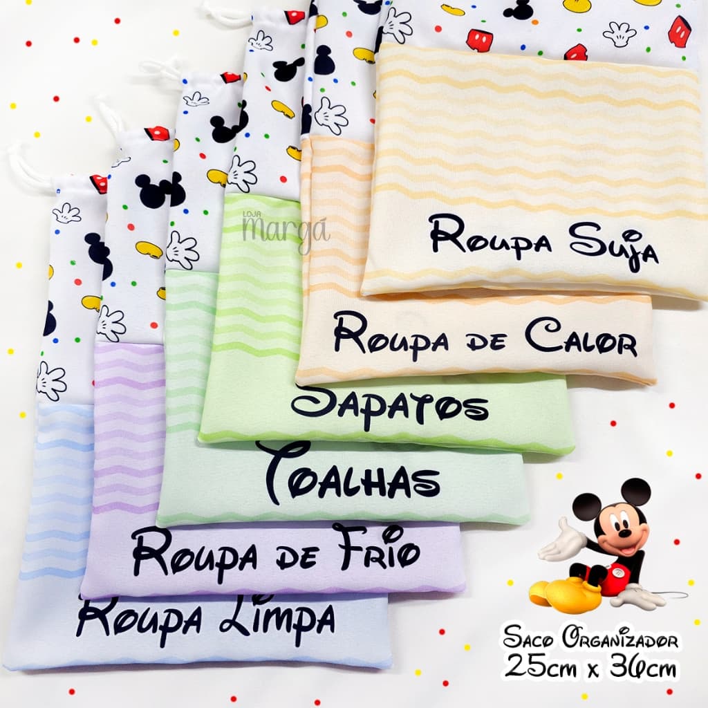 Saco Organizador 36cm x 25cm Roupa Suja, Limpa, Sapato, Toalha MICKEY Viagem, Bolsa, Creche, Mochila