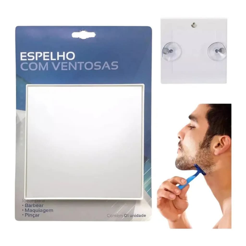Espelho Quadrado Branco com Ventosas para Box de Banheiro – Ideal para Barba e Maquiagem Sem Furos