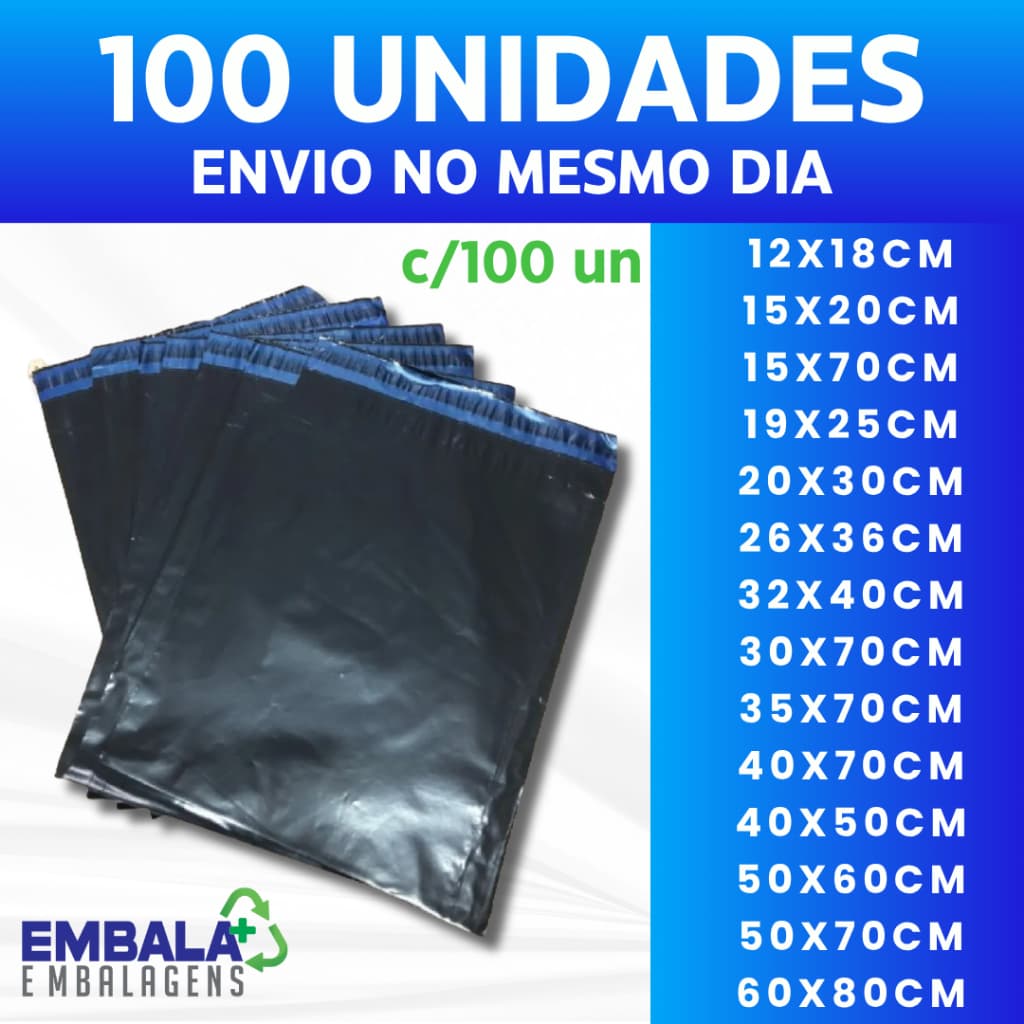 Kit 100 Envelope de Segurança Plástico Preto 26x36 / 32x40 / 40x50 / 40x60 / 50x60 / 60X80