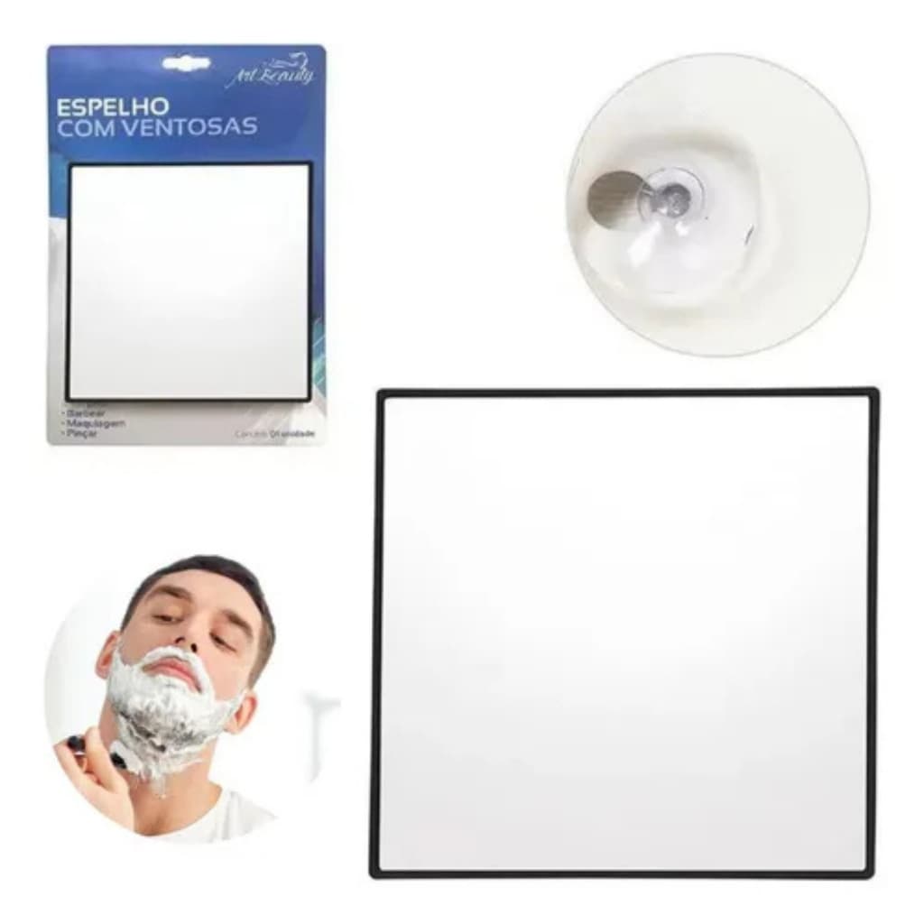 Espelho Preto com Ventosas para Box de Banheiro – Quadrado, Sem Furos, Para Barba e Maquiagem