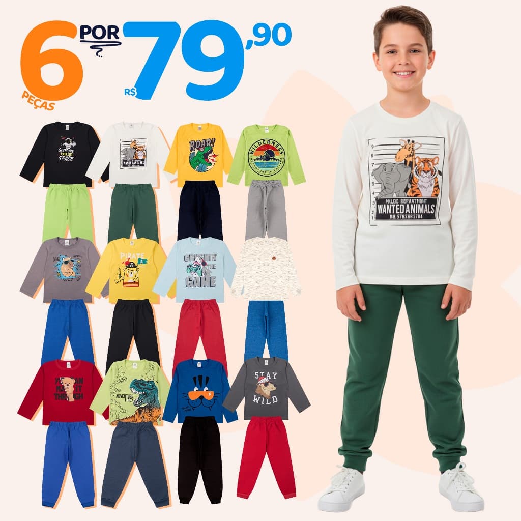 Kit Sortido 6 Peças de Roupas Masculino Infantil Inverno Meia Estação – 3 camisas manga longa + 3 calças de Moletom