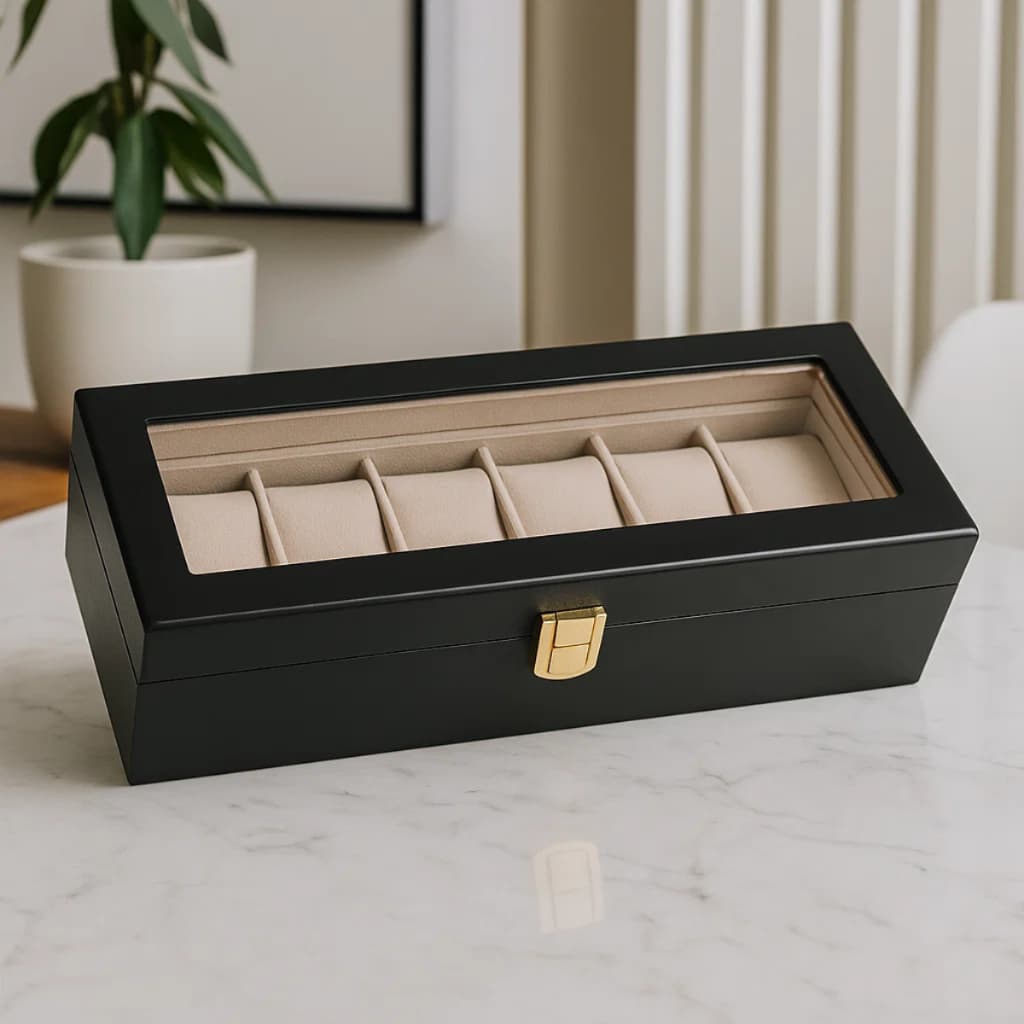 Porta Relógio Para 6 Em Madeira Forrado Internamente Com Almofadas e Esponjas