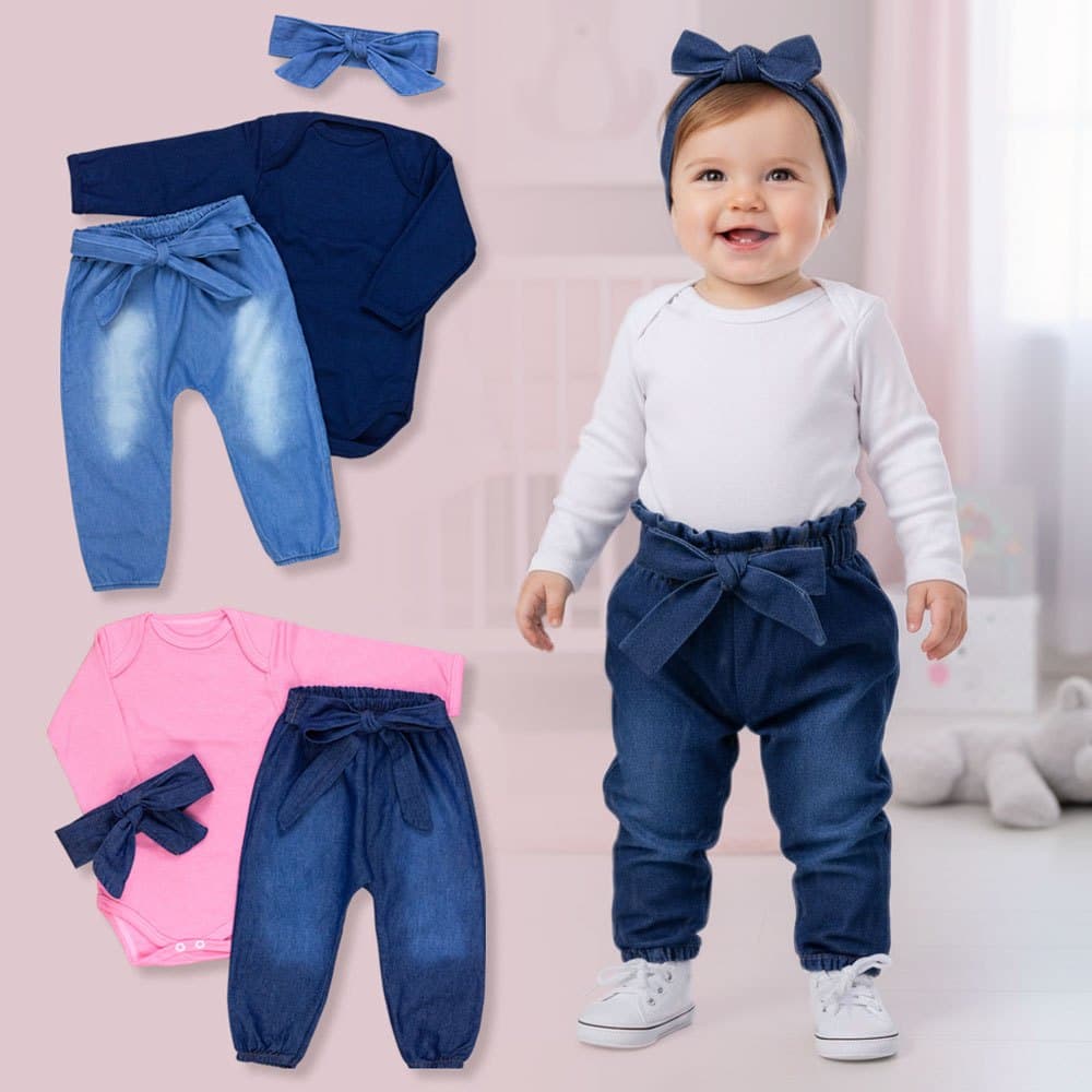 Conjunto de Bebê Body e Calça Jeans com Faixinha para Meninas