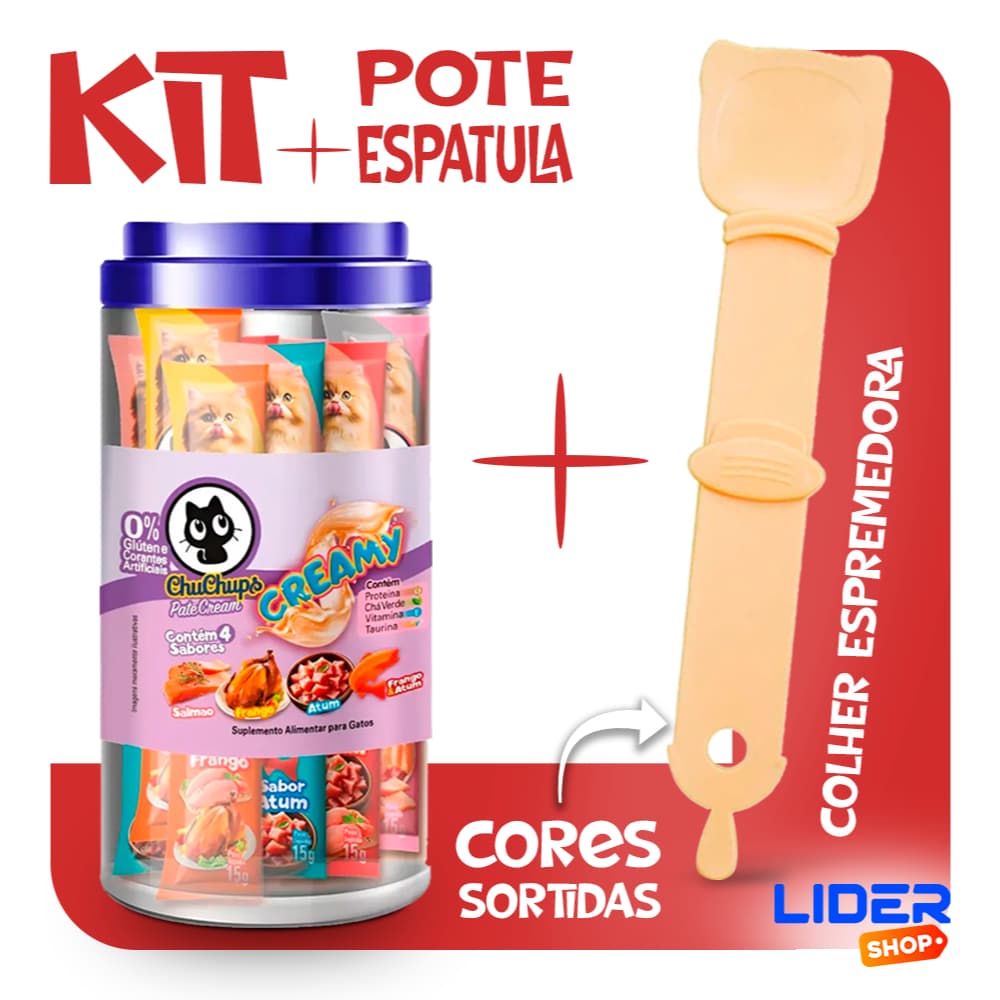 Kit Patê Cremoso ChuChups para Gatos e Cães – Pote 24 Tubos 15g + Colher Espremedora Tipo Churu