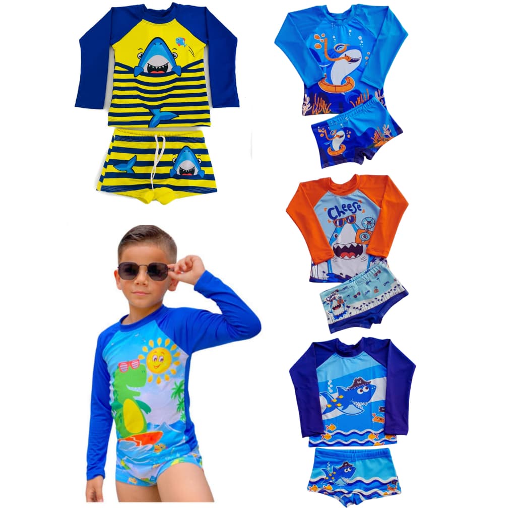 Conjunto Infantil Moda Praia Menino Camisa Manga Longa e Sunga com Proteção UV50+ Verao Roupa Banho