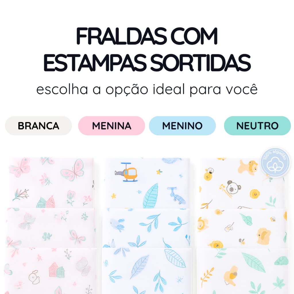 Kit 20 Fraldas de Pano Bebê Multiuso Unidades 60x60cm - Tecido Duplo, 100% Algodão - Kit 5/10/15/20