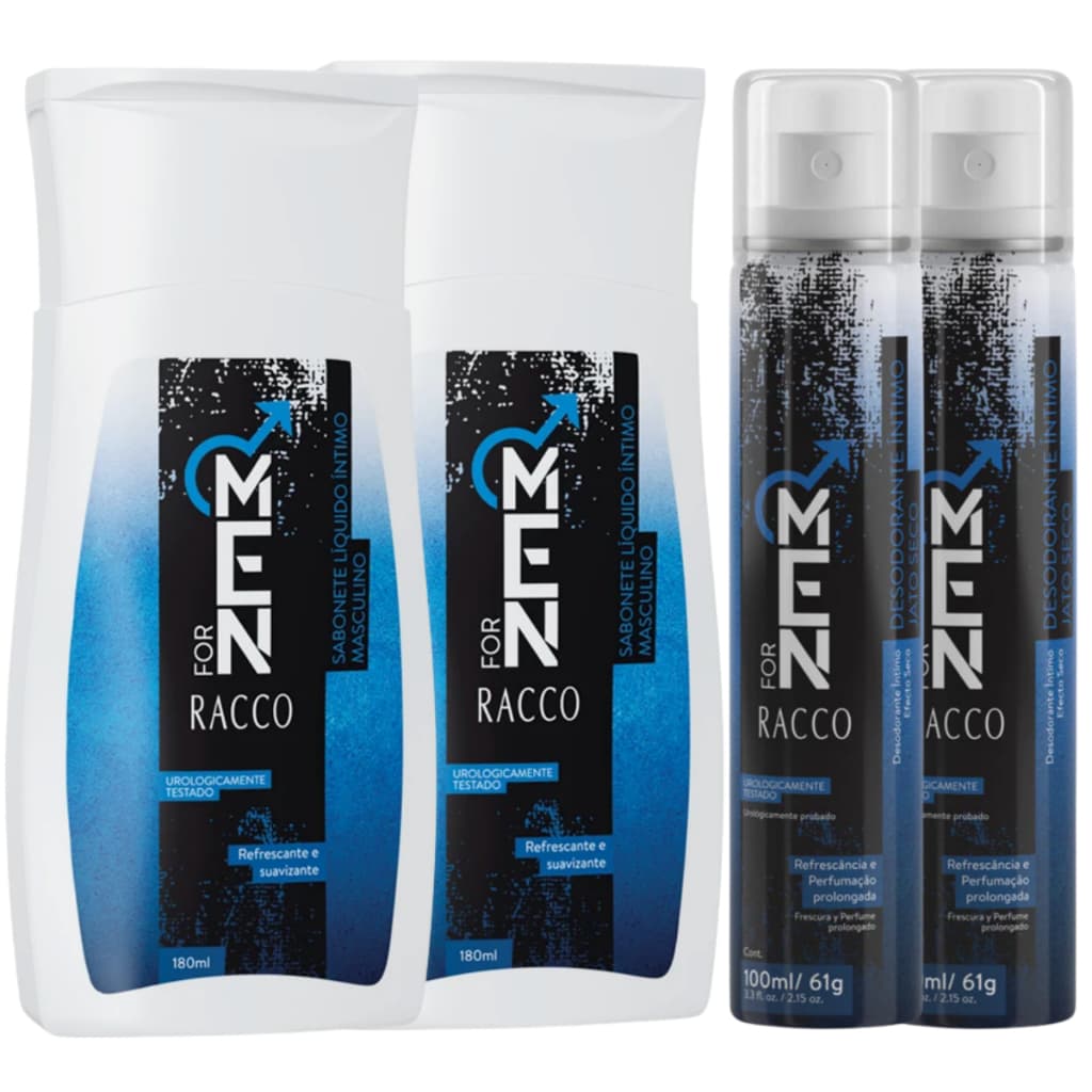 Kit 2 Sabonete + 2 Desodorante Intimo Masculino For Men Racco Sabão Líquido Corporal Homem