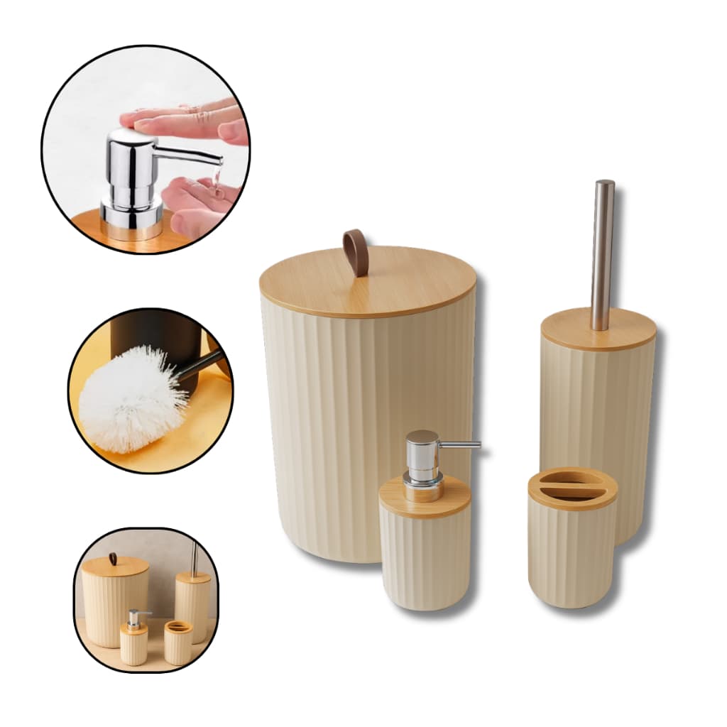 Jogo de Banheiro 4 Peças com Tampa Bambu Lixeira, Dispenser, Escova e Porta Escova Design Moderno, Elegante e Funcional
