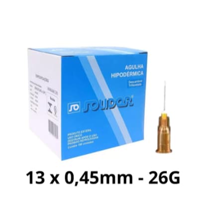 Agulha Hipodérmica Cx C/ 100 Unidades 13 x 0,45mm (Marrom) - Solidor