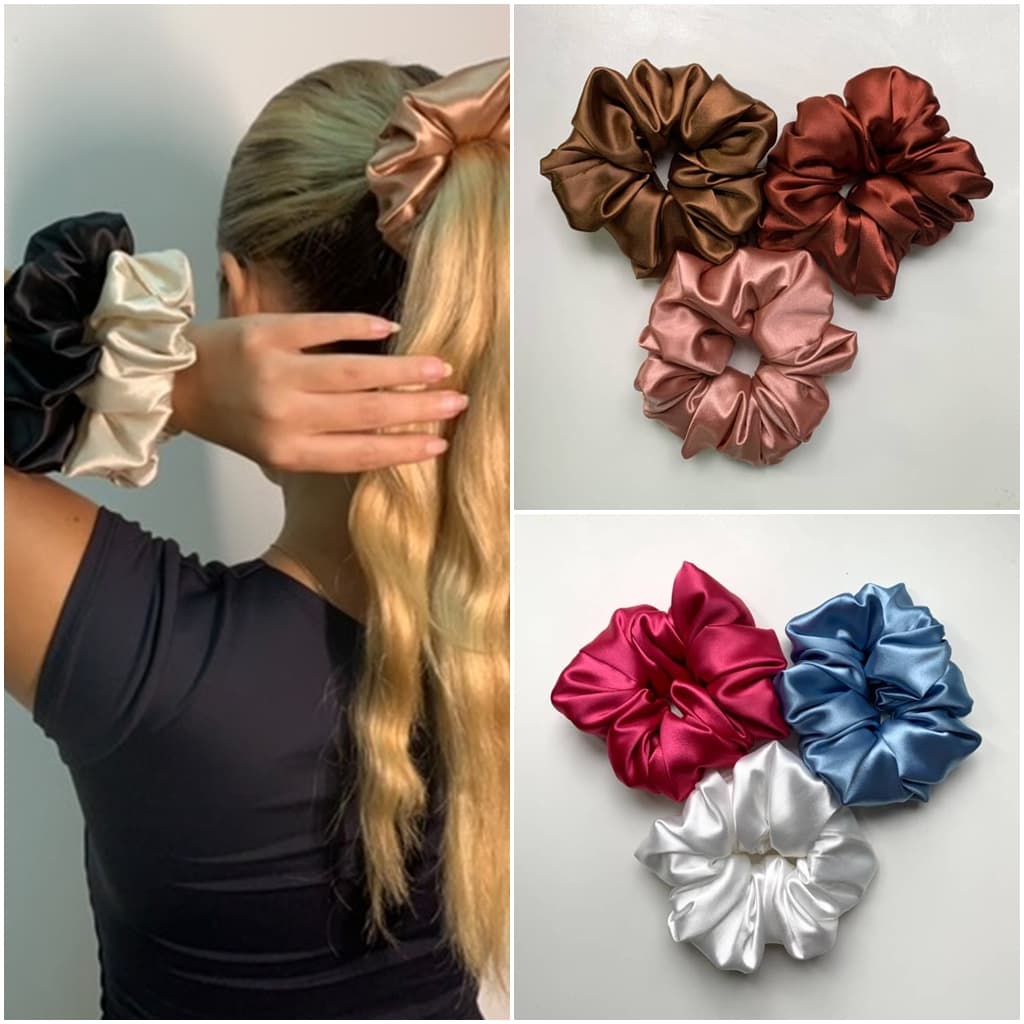 Xuxinhas De Cetim Premium Scrunchies De Cabelo Conjunto Com Três Unidades Foto E Vídeo Real