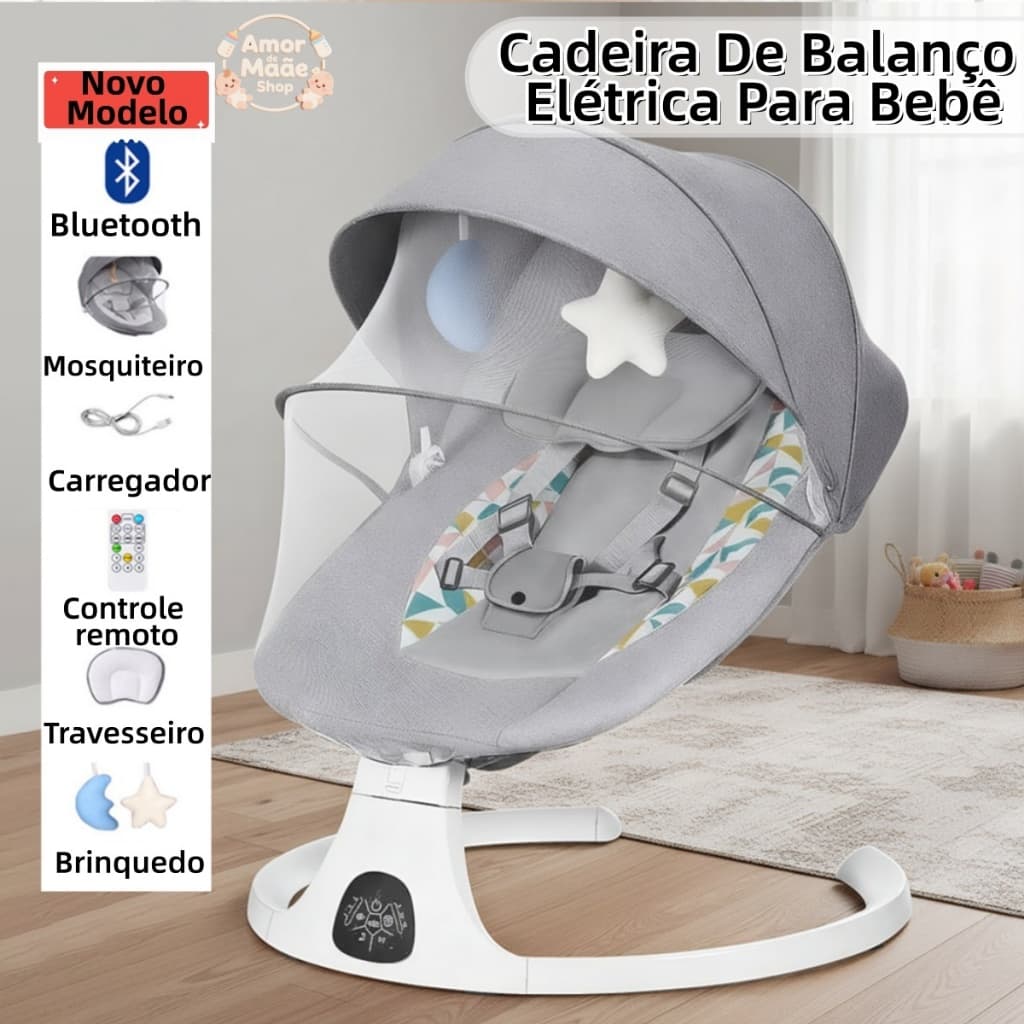 Cadeira de Descanso Balanço para Bebê com Música Mosquiteiro Controle Remoto Premium