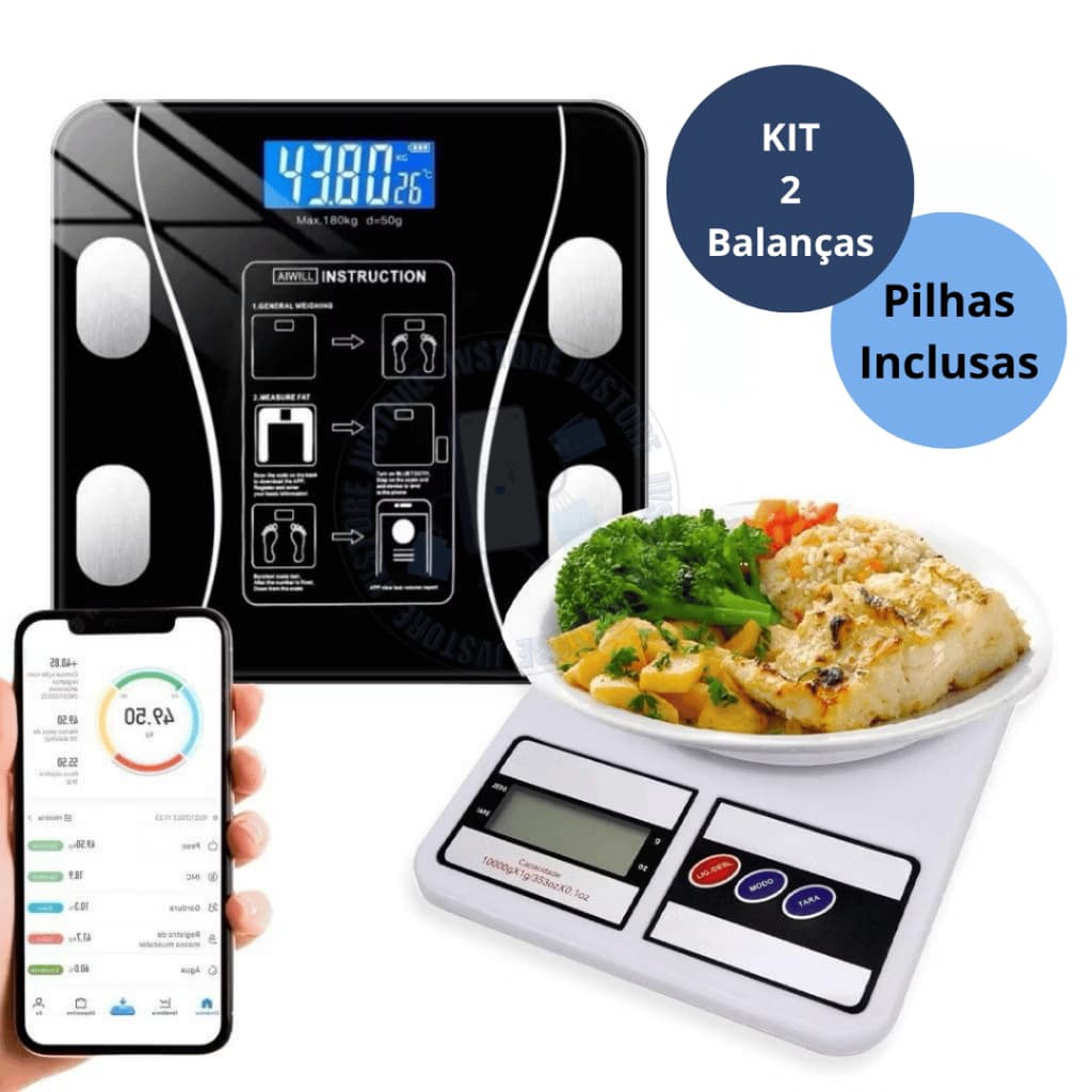 2 Balanças Premium Balança Bioimpedância Até 140 kg Balança Cozinha Digital até 10 kg Pilhas Inclusas