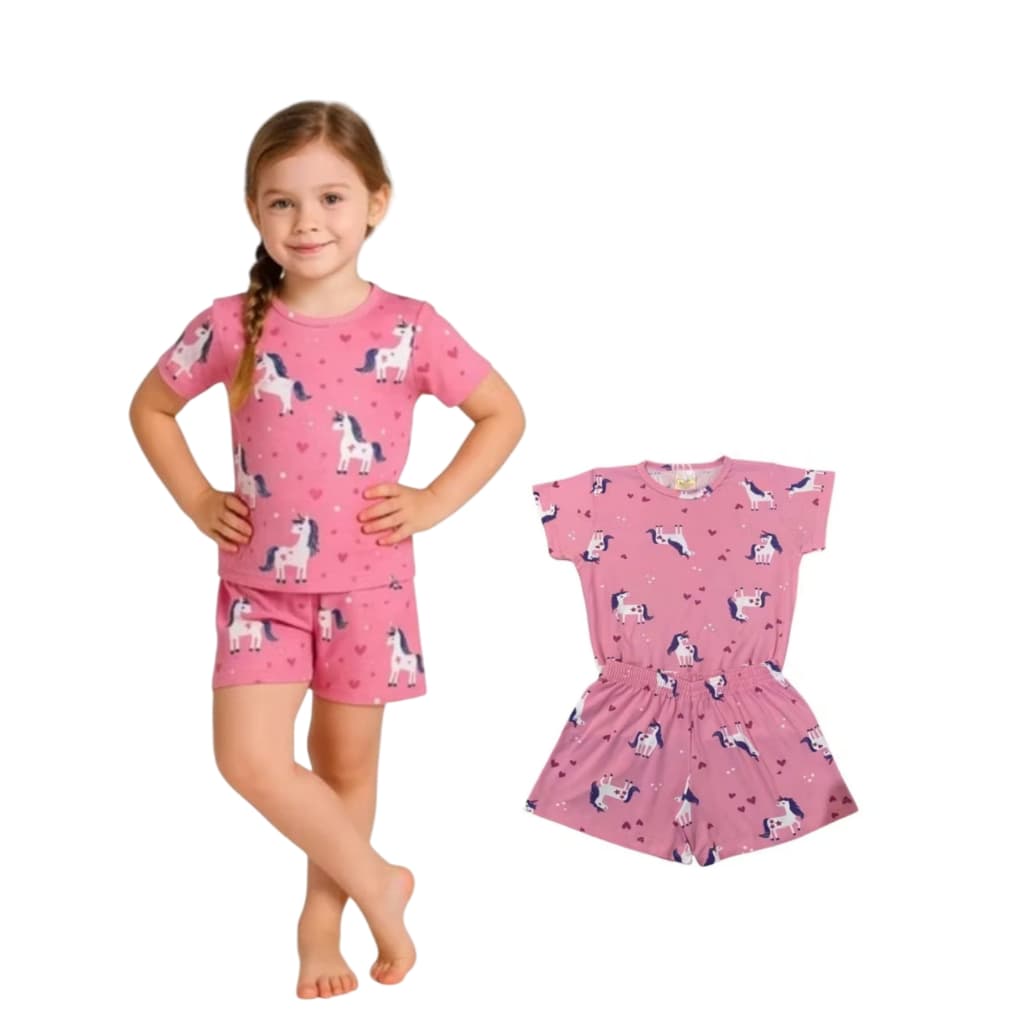 Pijama Infantil Menina Manga Curta – Conjunto Blusa + Shorts Confortável