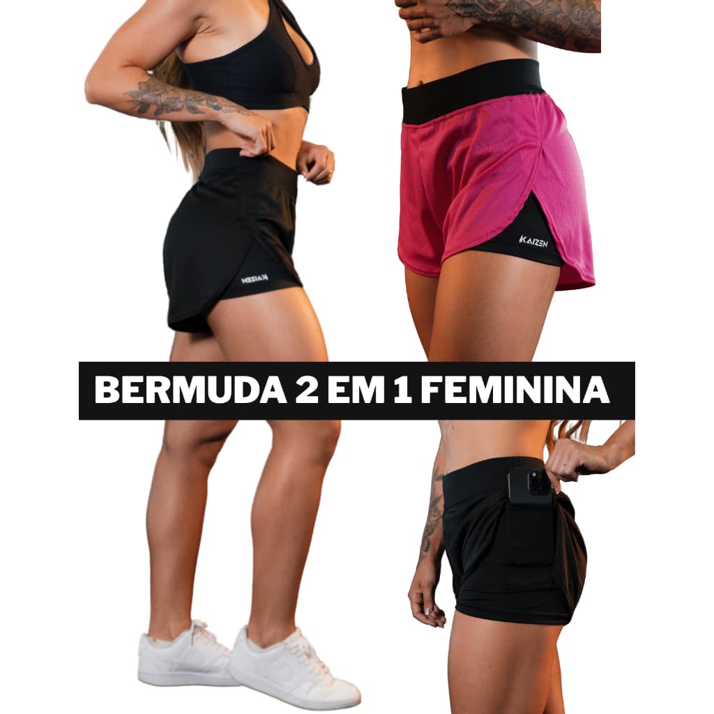 Shorts 2 em 1 dry fit feminino kaizen para academia e corrida