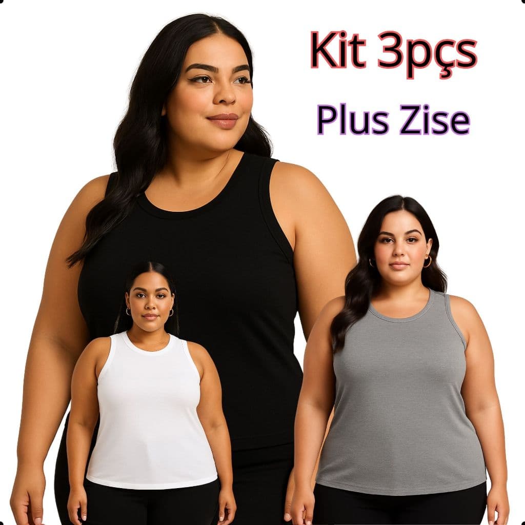 Combo 3 Regatas Femininas Plus GG a G5 básica sem estampa