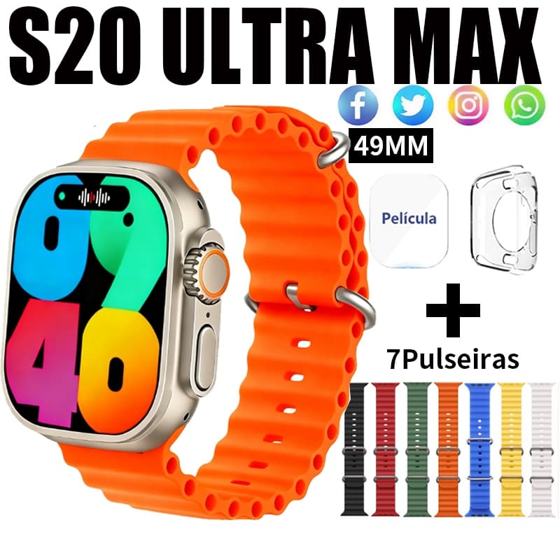 (7 Braceletes) Smartwatch S20 ULTRA MAX Relógio Inteligente Amoled Serie10 com NFC ChatGPT GPS Amoled