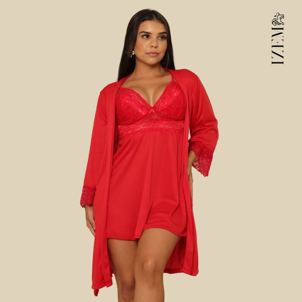 Camisola Feminina Sensual e Robe Roupão com Renda