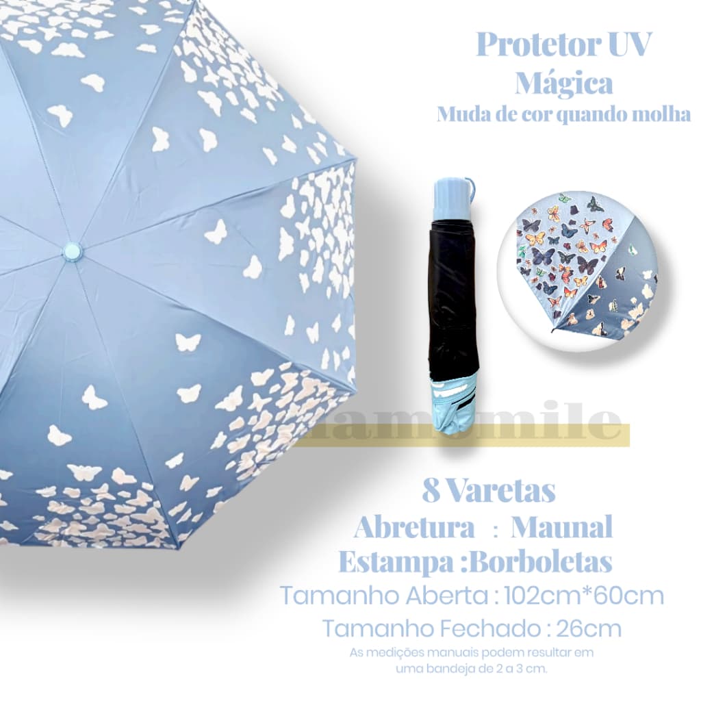 Guarda chuva Dobrável Sombrinha Portetor UV borboleta  Mágica (Muda De Cor Quando Molha) 102cm 3160H