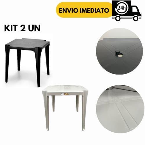 Kit 2/1 Mesas Quadrada Monobloco de Plastico Branca Preta Bar Cozinha Jardim Praia Piscina
