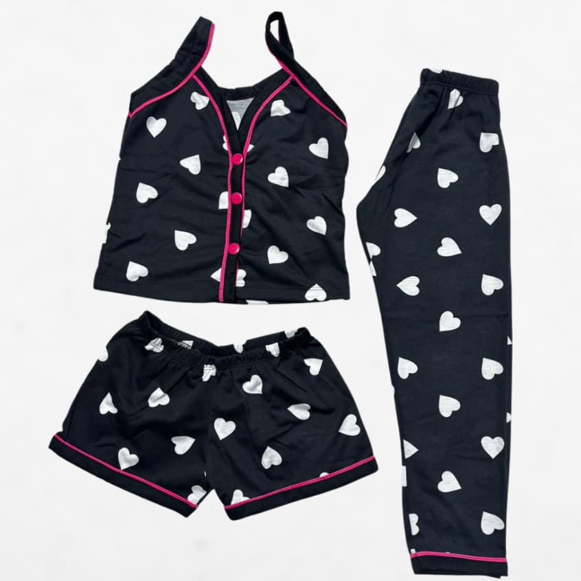 Kit Pijama Infantil Menina 3 Peças Americano Camiseta Alça Botão+Calça + Short Conforto Malha 2 ao10