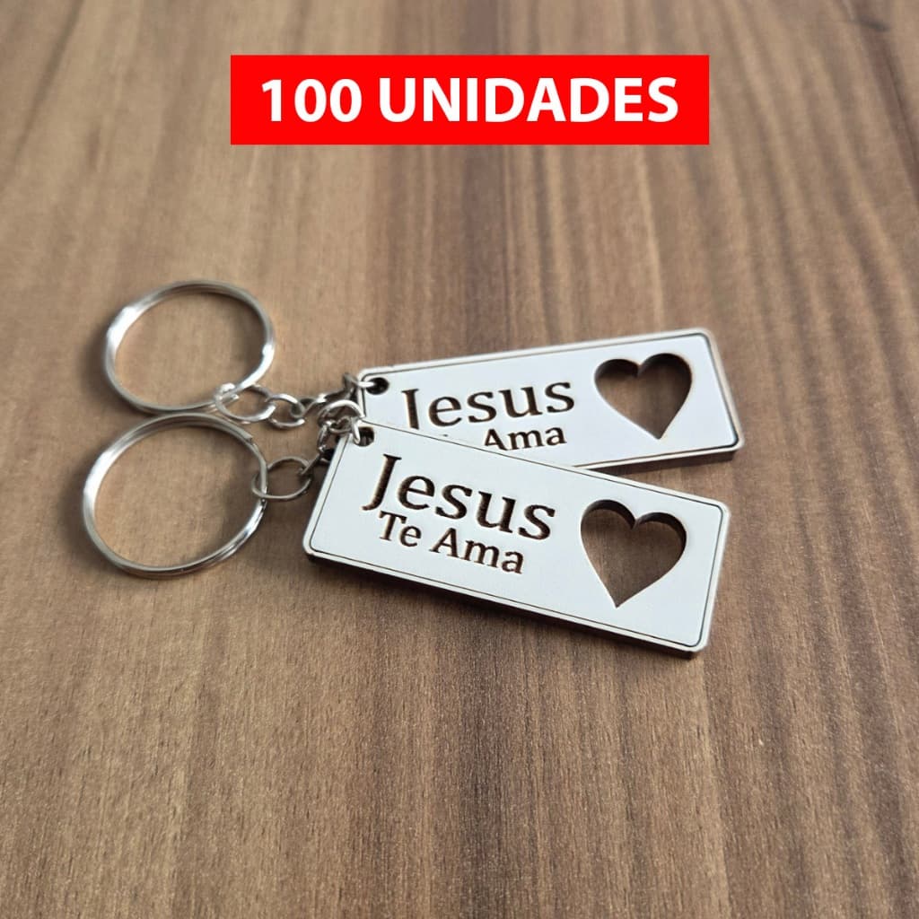 Kit Chaveiros Jesus te Ama com Coração Vazado em Mdf Branco Lembrancinha Religiosa Fé Igreja