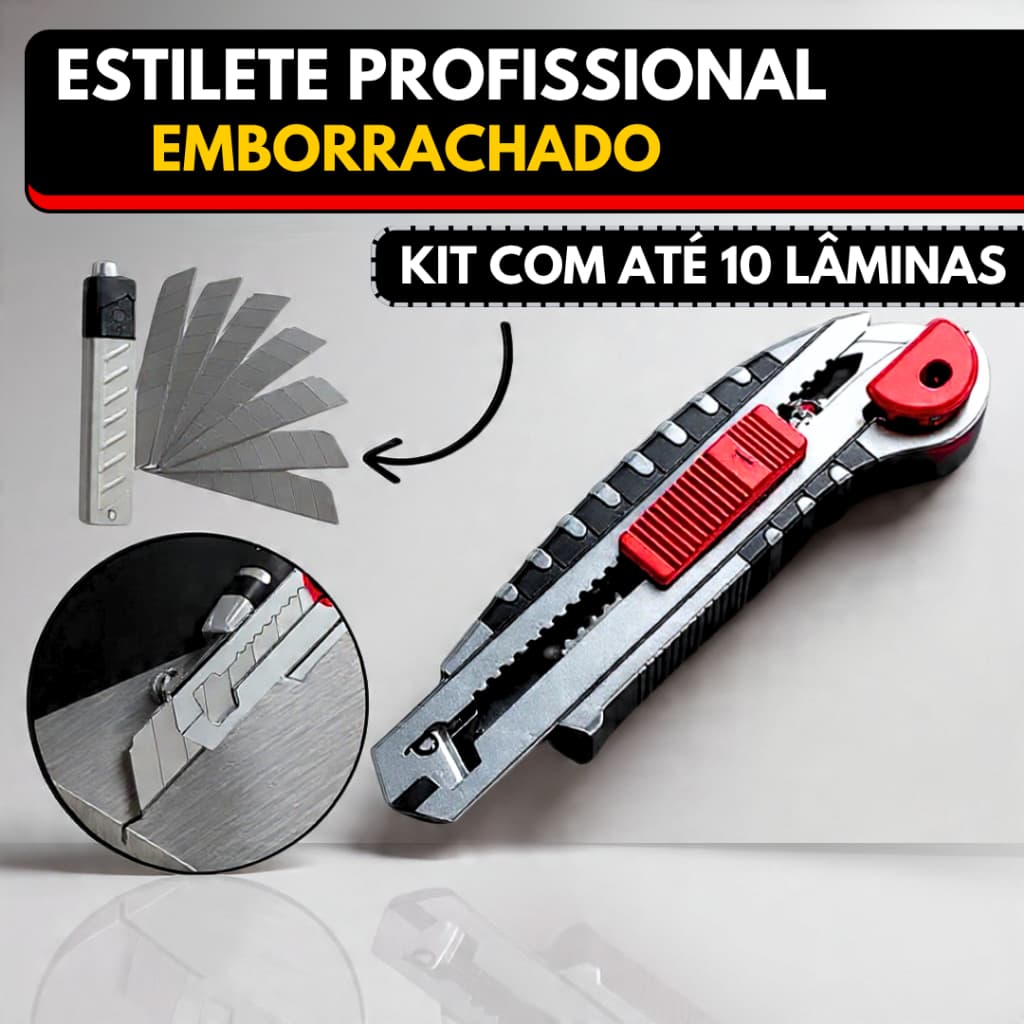 Kit Estilete Profissional Metal Emborrachado + Lamina 18mm até 10 Lâminas de Aço Afiado Cortante Recarregador Automático
