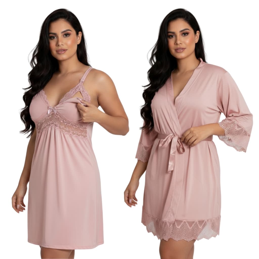 Kit Camisola Amamentação Pós Parto Com Robe de Romantic e Renda Vestido Maternidade Gestante