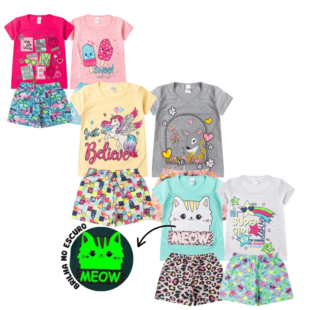Conjunto Pijama Algodão Verão Juvenil MENINA 10 ao 16 Brilha no Escuro