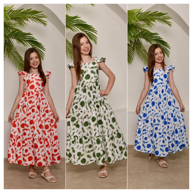 Vestido Longo infantil juvenil estampado Regata alça Babadinho 3 marias 10 ao 16