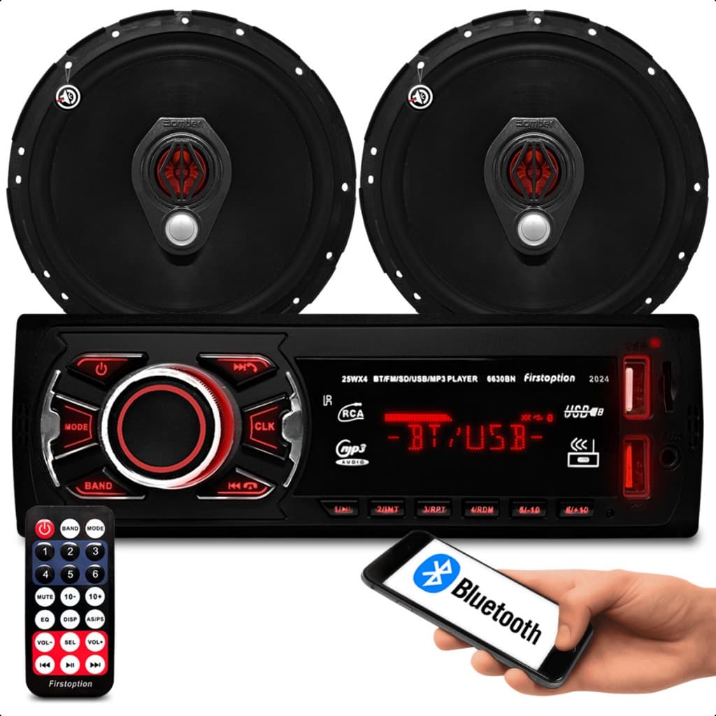 kit de Radio 6630 Mp3 com 2 Usb bluetooth entrada sd + par de Alto Falantes Bomber de 6 Polegada bbr