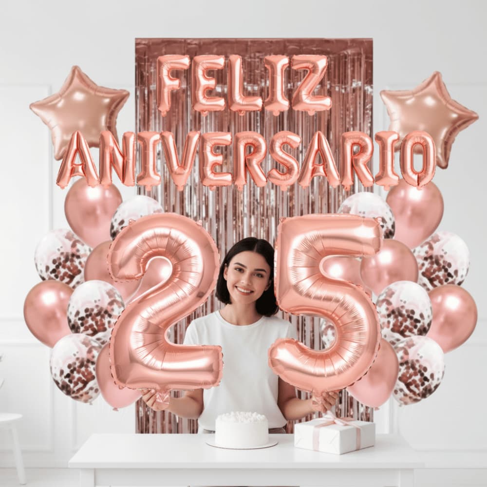 Kit FELIZ ANIVERSARIO + ESCOLHA SEU NÚMERO Rosê Gold Festa Completa com Balões, Cortina e Itens Decorativos