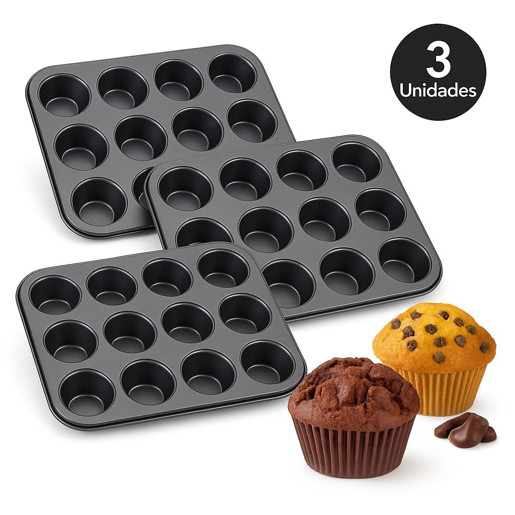 Kit 3/2/1 Forma Cupcake Pão de queijo Bolinho Empada em teflon antiaderente 12 cavidades Grande