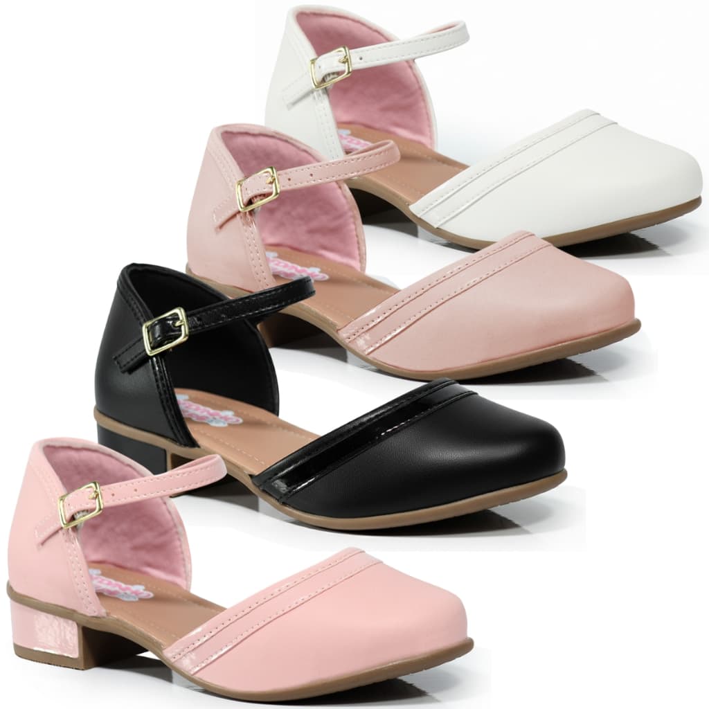 Sandália Infantil Feminina Saltinho Baixo Daminha Casamento Confortável Rosa Branco Preto e Nude