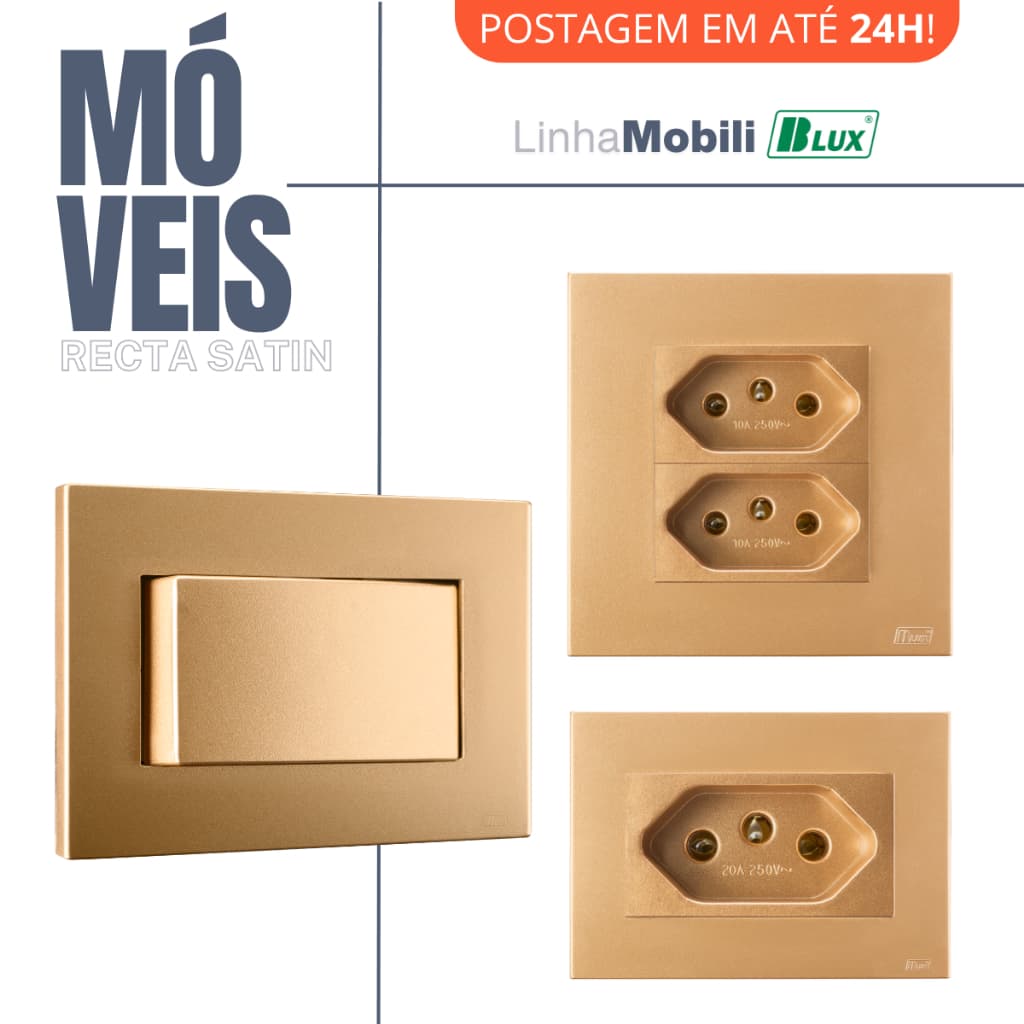 Conjunto Tomada Embutir Moveis Mobili Ouro 10a 20a Interruptor Dourada Recta Satin Fosco Blux