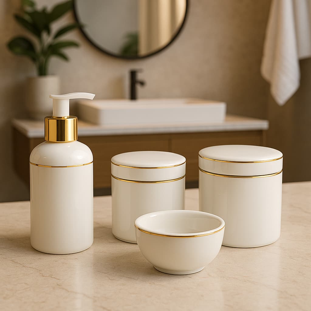 Kit Higiene Bebê em Porcelana 4 Peças Elegante Delicado Floral Astronauta Filete Ouro