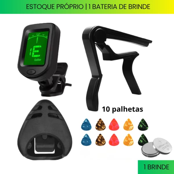Kit de Afinador de Violão e Guitarra com Capotraste mais 10 Palhetas e Porta Palhetas mais Brinde