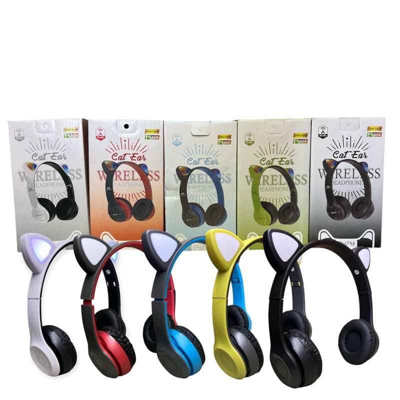 Fone gatinho P47 Bluetooth com LED, confortável e estiloso.