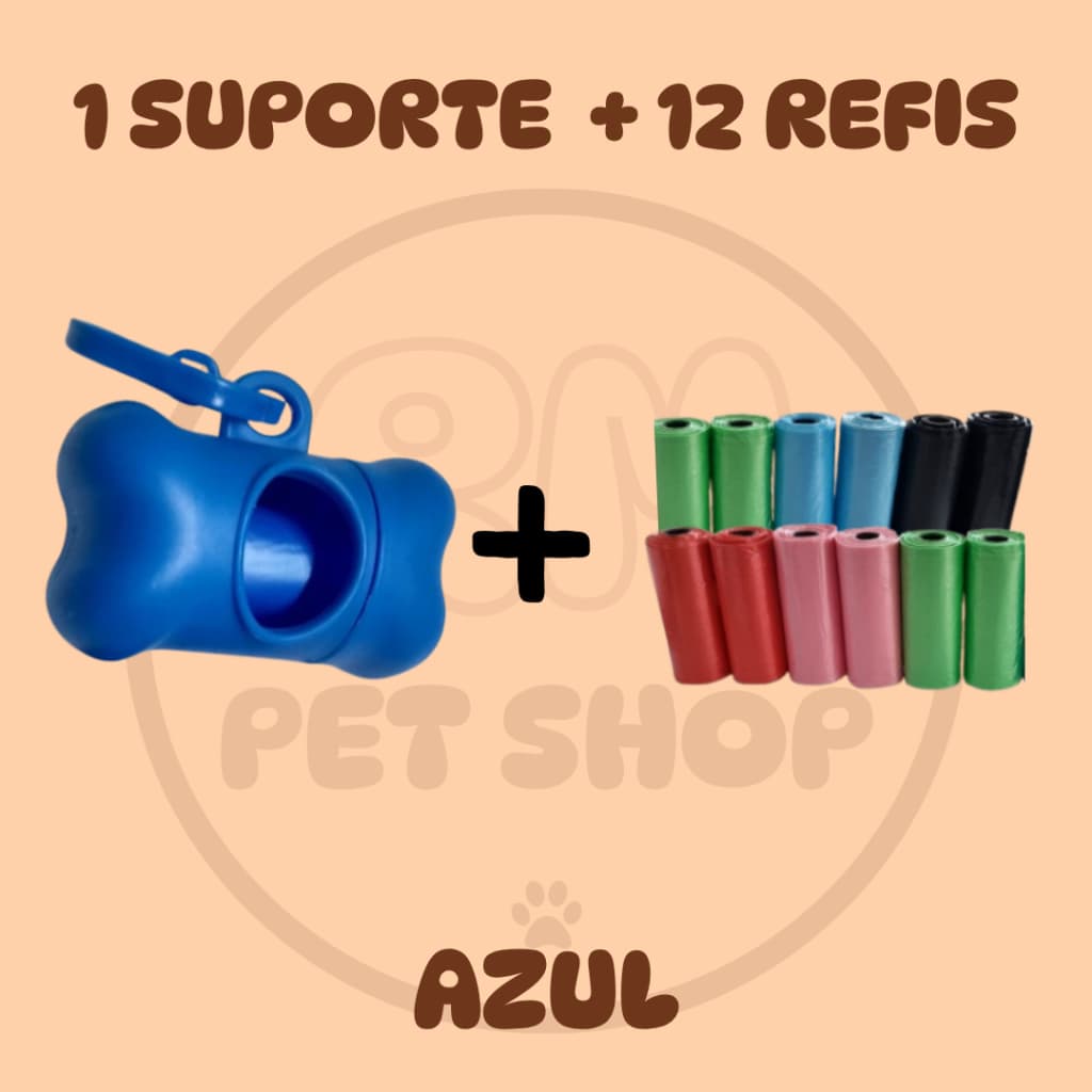 2/5/8/12 Saquinhos Coloridos + Suporte Azul Para Pet Higiênico C/ Refil Saco Cata Caca Rolinhos