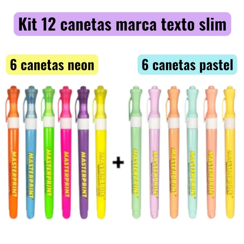 Kit 12 Marca Texto slim  (6 Neon + 6 pastel) Caneta Marca Textos Masterprint escolar varias cores