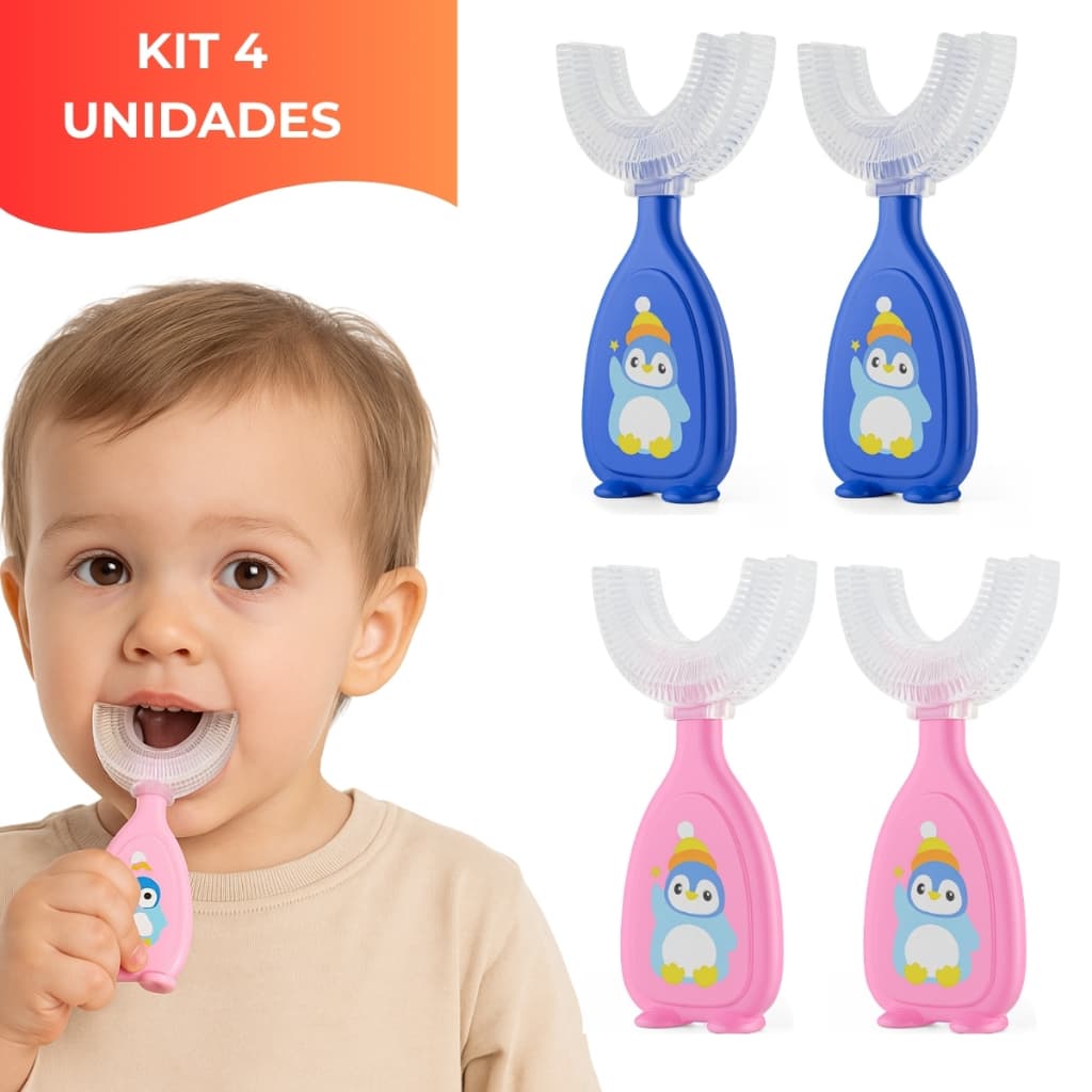 Kit 1 - 4 Escovas Dental Infantil Formato U 360° Silicone Cerdas Macias Bebê Criança Higiene Oral