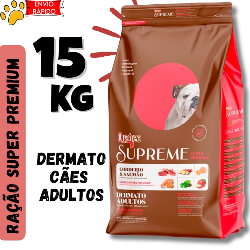 Ração Quatree Dermato Supreme 15kg Cães Adultos Cordeiro e Salmão Pele e Pelagem Envio Rápido