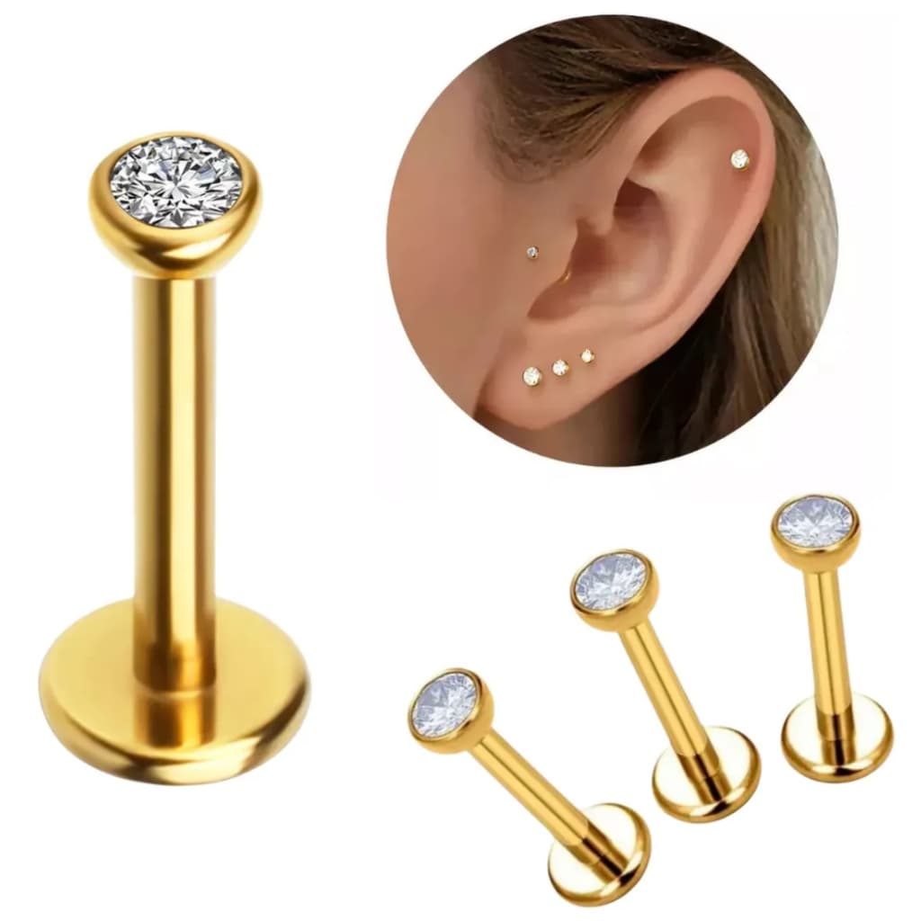 KIT 3 Piercing Titânio Ponto Luz Zircônia Helix Conch Labret Pvd Dourado ou Prata Gold e Silver
