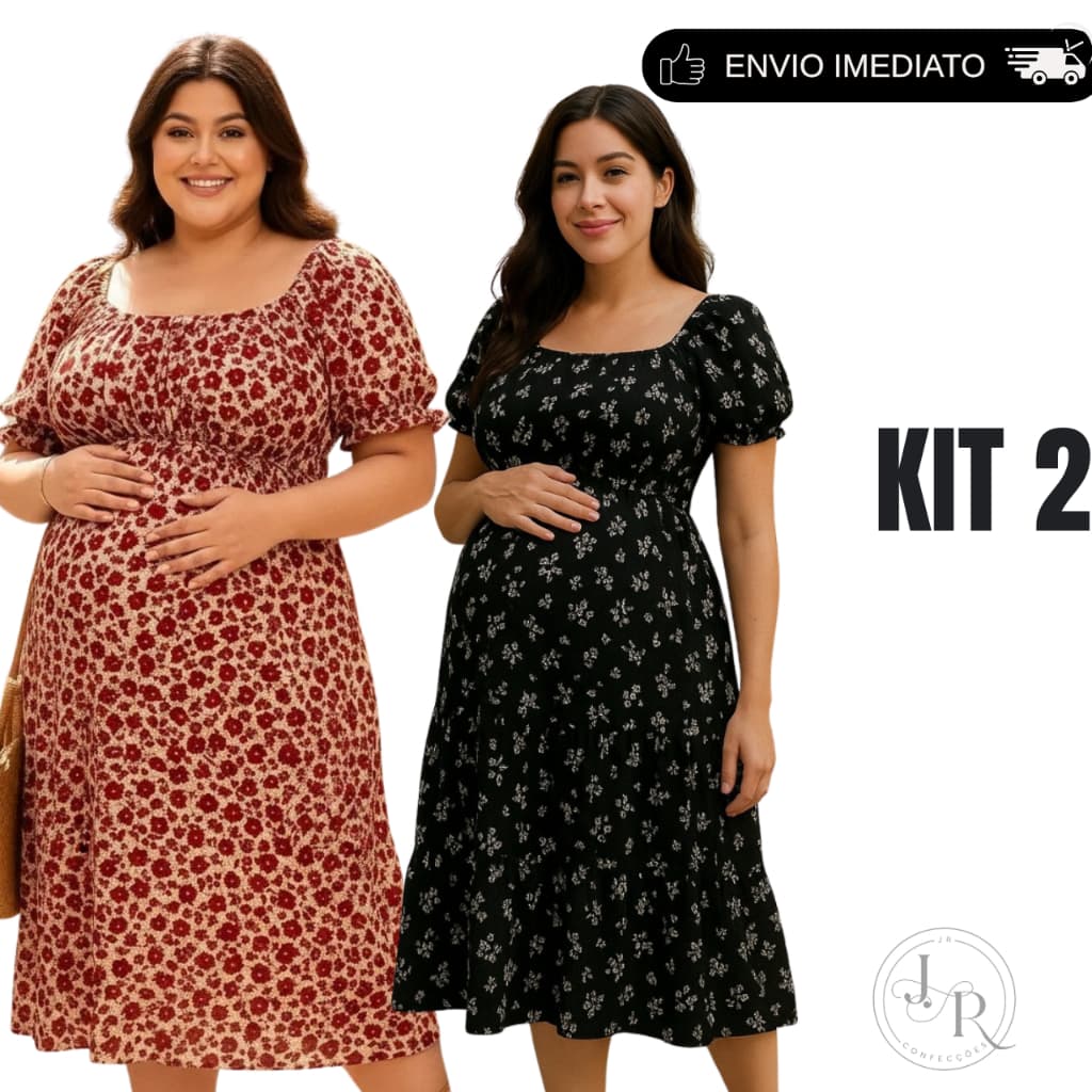 Kit 2 Vestido Feminino Gestante Estampado Floral Midi Manga Princesa Confortável Elegante Camponesa Plus Size