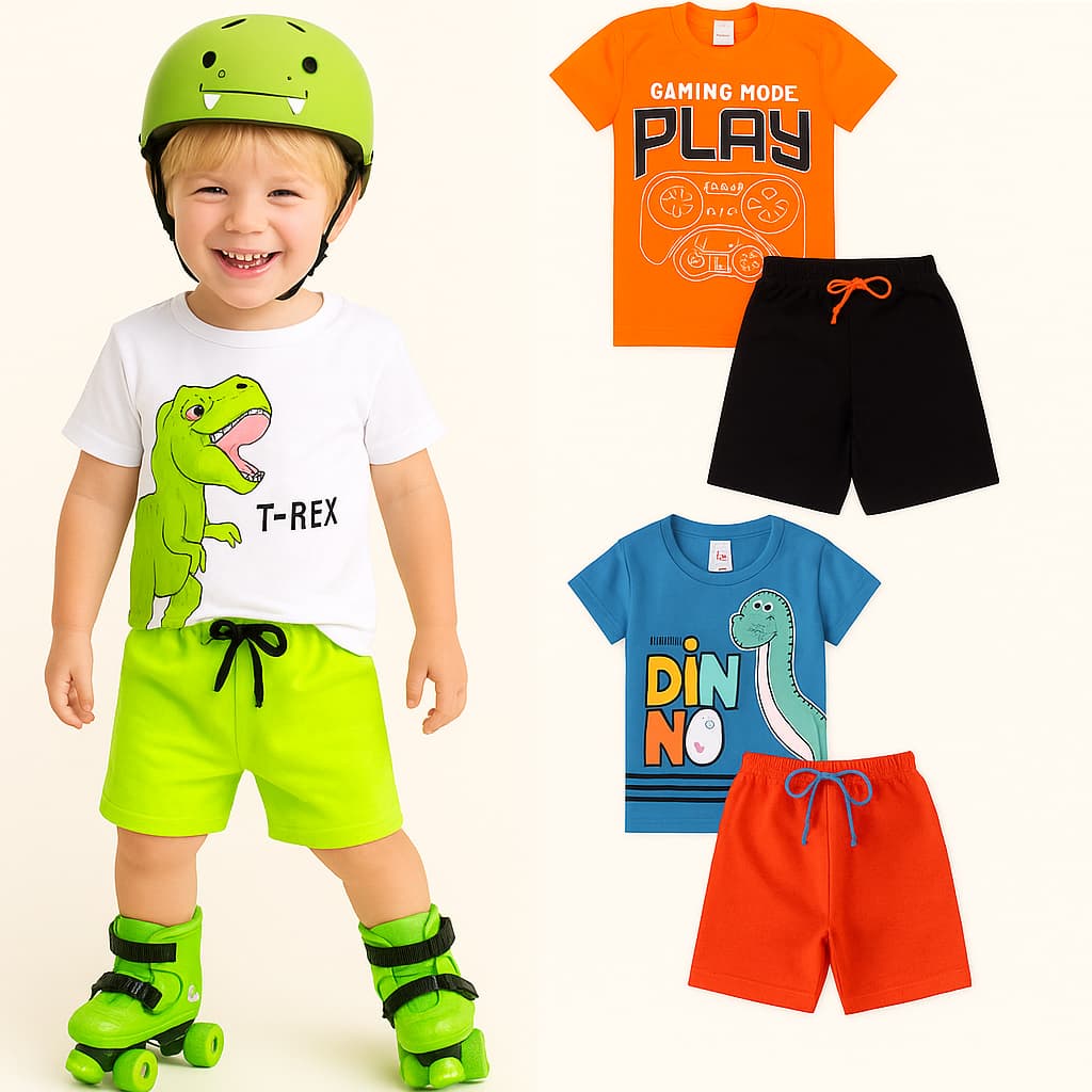 Kit 4 Peças Roupa Infantil Masculino 2 Camisetas + 2 Shorts - Promoção - Kit com 2 ou 1 Conjuntos