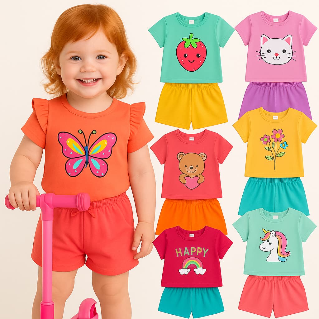 Lote Com 6 peças Infantil Feminino Roupa De Criança Para Menina Baby Look e Shorts Verão 3 Conjuntos