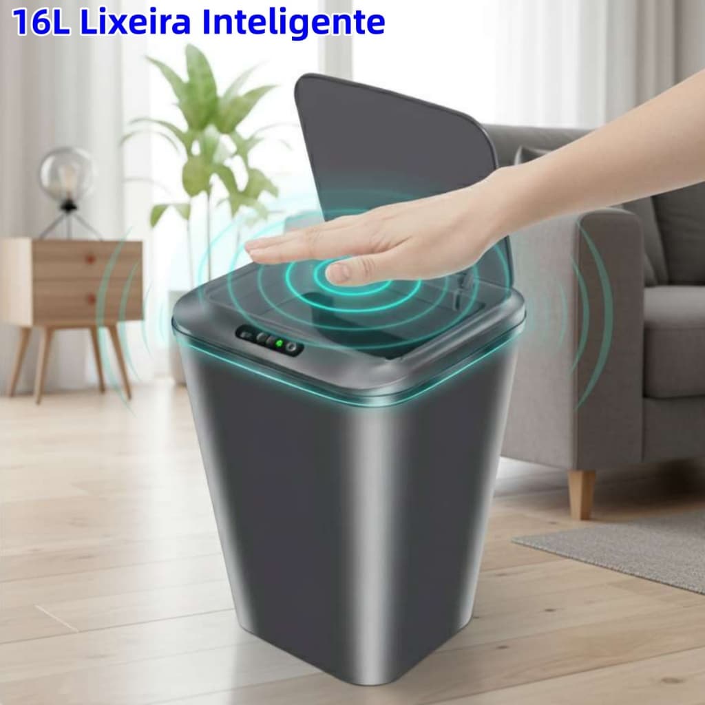 Lixeira Inteligente 16L com Sensor Automático Ideal para Banheiro, Cozinha e Escritório, Recarregável Via USB