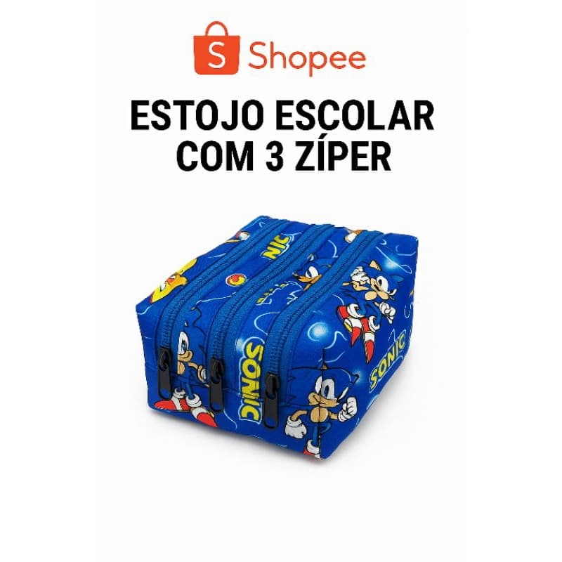 Estojo Escolar 3 Ziper do Sonic - Grande Estojo Escolar com 3 Repartiçoes - 3 Ziper