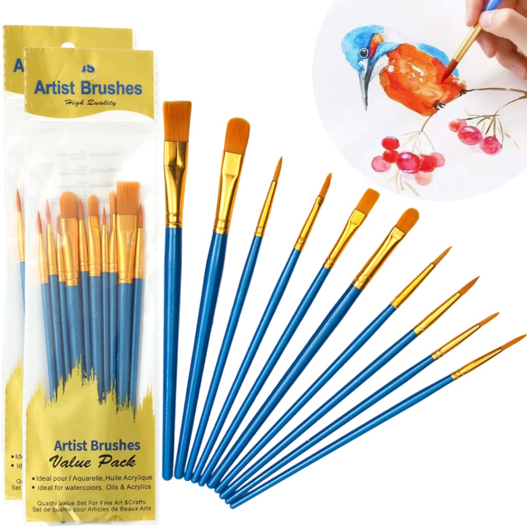 Kit 10 Pincéis Pincel Pintura Artísticos Cerdas Macias Artesanato Tela Aquarela Óleo Acrílica Tecido