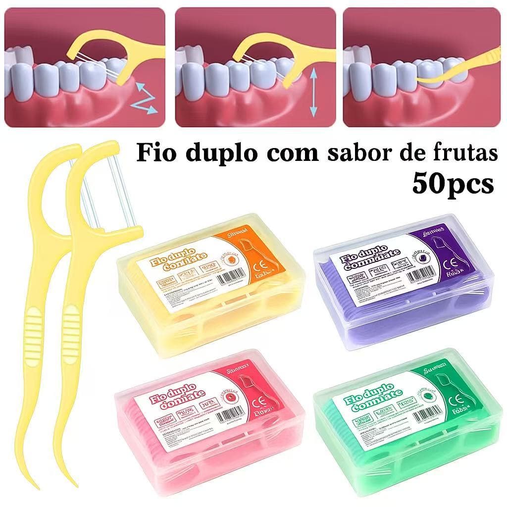 Fio dental infantil sabor frutas ultrafinos para limpeza bucal, pacote com 50 unidades